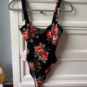 Floral and black velvet bodysuit